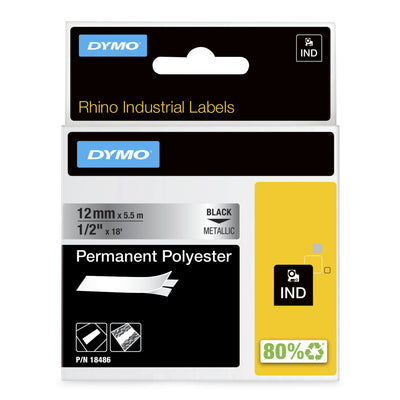 Dymo Rhino Tape Labels Industrial Adhesiva ID1-12, Black Sobre Silver 12MMX5'5M, Poliester (S0718180) — image 1