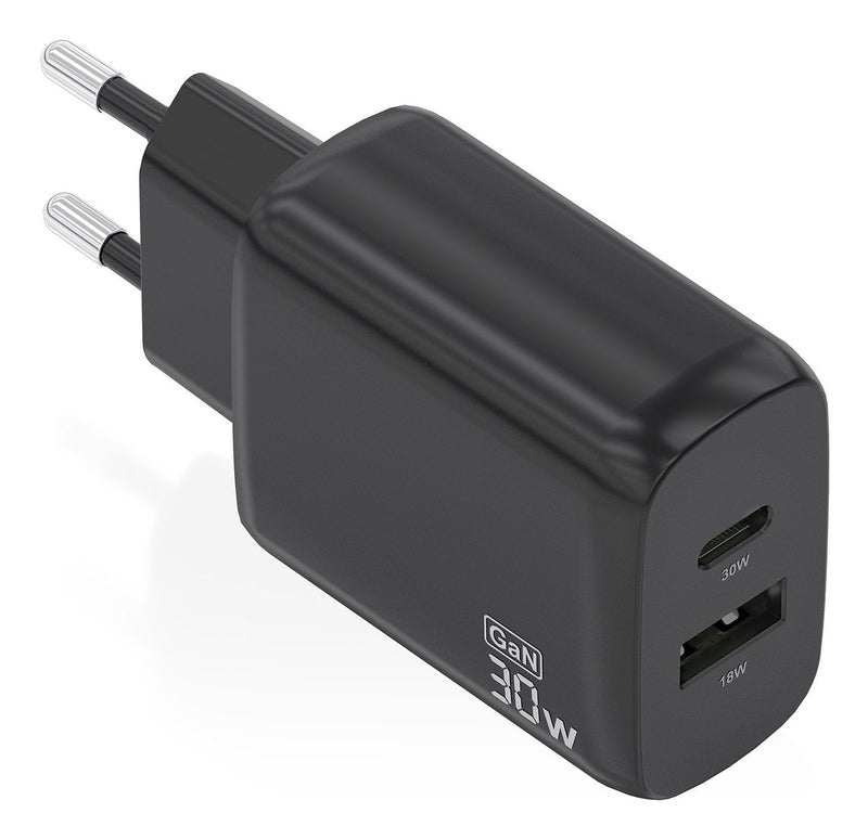 Aisens Charger GaN 30W, 1x USB-C PD 3.0 QC4.0, 1x USB-A QC3.0, Black