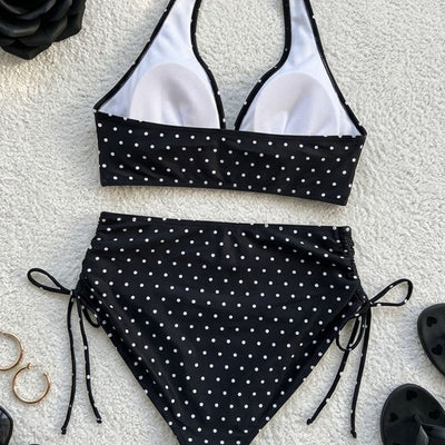 New V-neck Ruffled Vintage Polka-Dot Drawstring Sexy Bikini Swimsuit Set