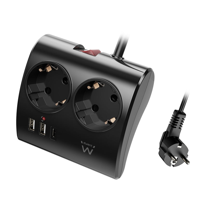 Ewent Power Strip 2 Sockets Shucko 2 Ports USB Type a 1 Port USB Type-c Switch Black