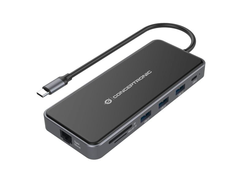 Conceptronic Adapter USB-C-2x HDMI, GbE, PD,2XUSB3.0,SD0.25 Gr