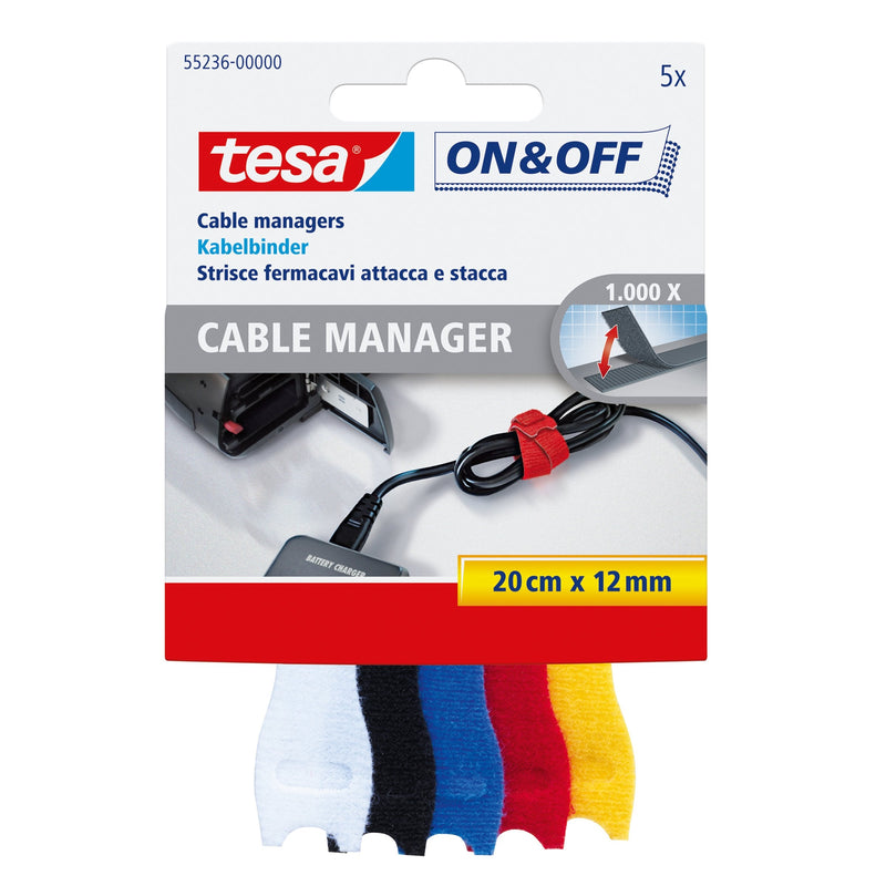Tesa Organiser Cables On & Off Bundling, 5 Pieces 20CM X 12MM, Colorido