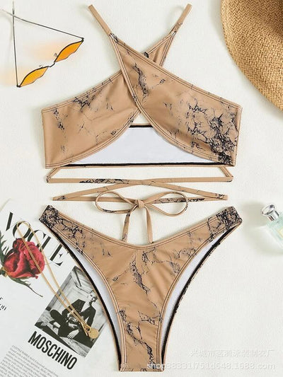 Sexy Womens Fashion Backless Marble-patterned Bikini