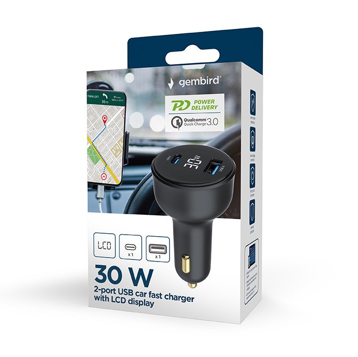 Gembird Fast Charger Car With 2 Ports Usb, Type-c, Pd, Lcd, 30W, Colour Black