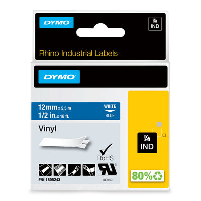 Dymo Rhino Tape Labels Industrial Adhesiva ID1-12, White Sobre Blue 12MMX5'5M, Vinilo — image 1