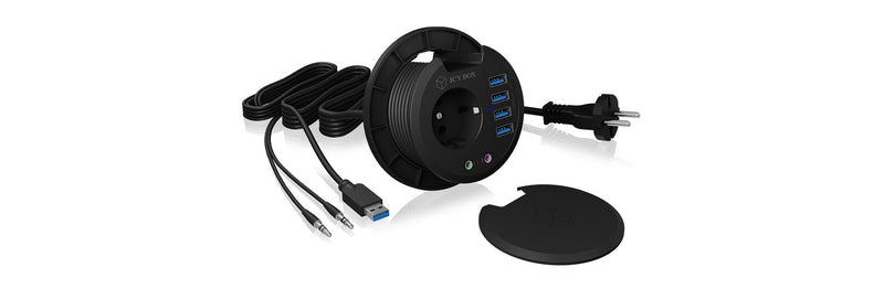 Icy Box Hub USB Desk USB 3.0 Black 80MM Round 4x USB 3.0, Plug Input + Output Audio