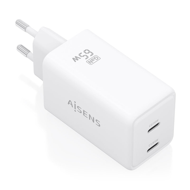 Aisens Charger GaN 65W, 2x USB-C PD 3.0 QC4.0, White