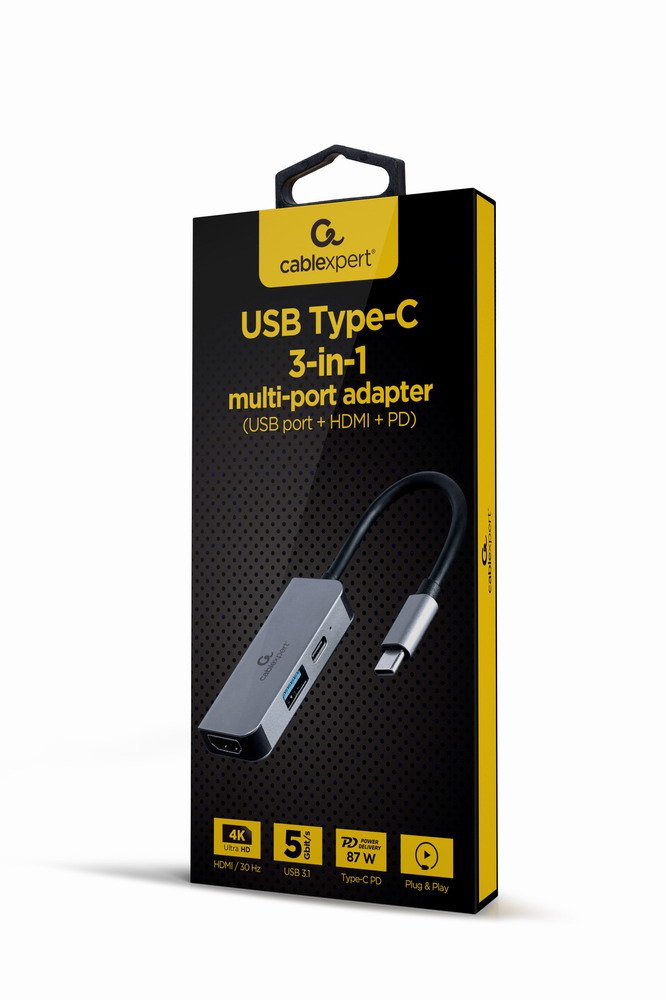 Gembird A-CM-COMBO3-02 Multi Port Adapter USB Type-c 3IN1 USB Port + HDMI + Pd Silver
