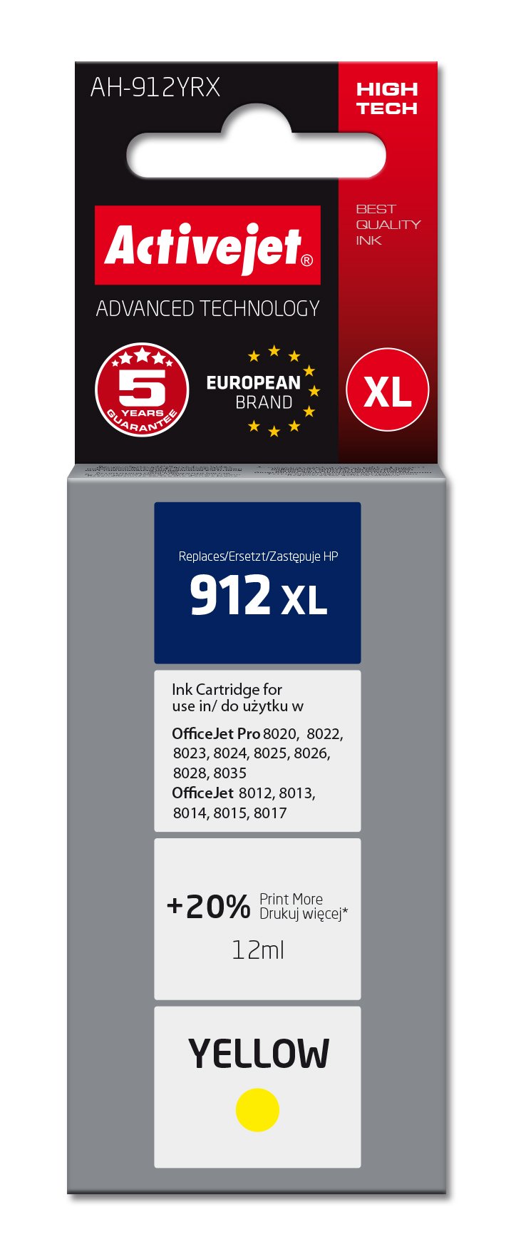 Activejet Ink Ah-912YRX Printers HP, Spare Part HP 912XL 3YL83AE Premium 990 Páginas Yellow