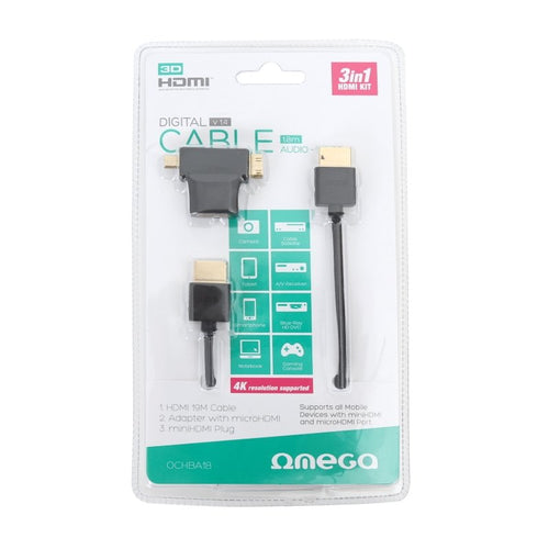 Omega HDMI Cable V1.4 + Adapter Minihdmi & Microhdmi 1.8M Blister — image 1