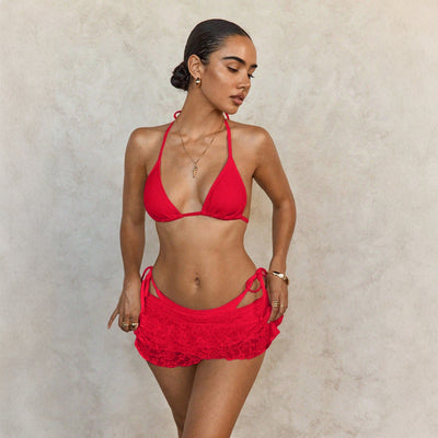 New Lace Gauze Skirt Cover-Up Halter-Neck Tie-Strap Three-Piece Bikini Set