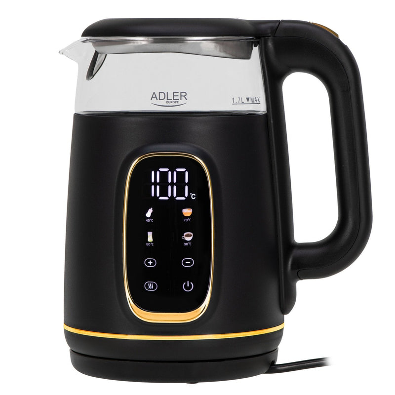 Adler Ad 1305 Electric Kettle, Glass Con LED Pantalla & Temperature Regulation, 1.7L, Negro Oro