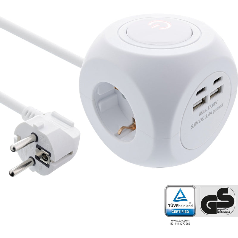 Inline® Charging Cube, 3X Earthing Contact, 2x Usb-c, 2x Usb-a, White, 2M