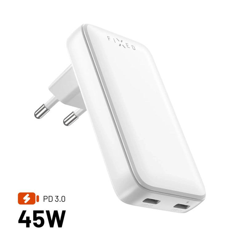 Fixed Slim 2x USB-C Travel Charger, GaN, Pd Support, 45W, White
