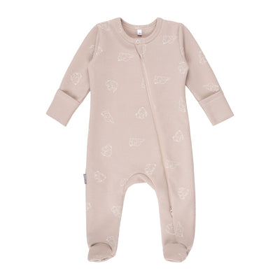 Beige Cotton Baby Romper with Integrated Feet