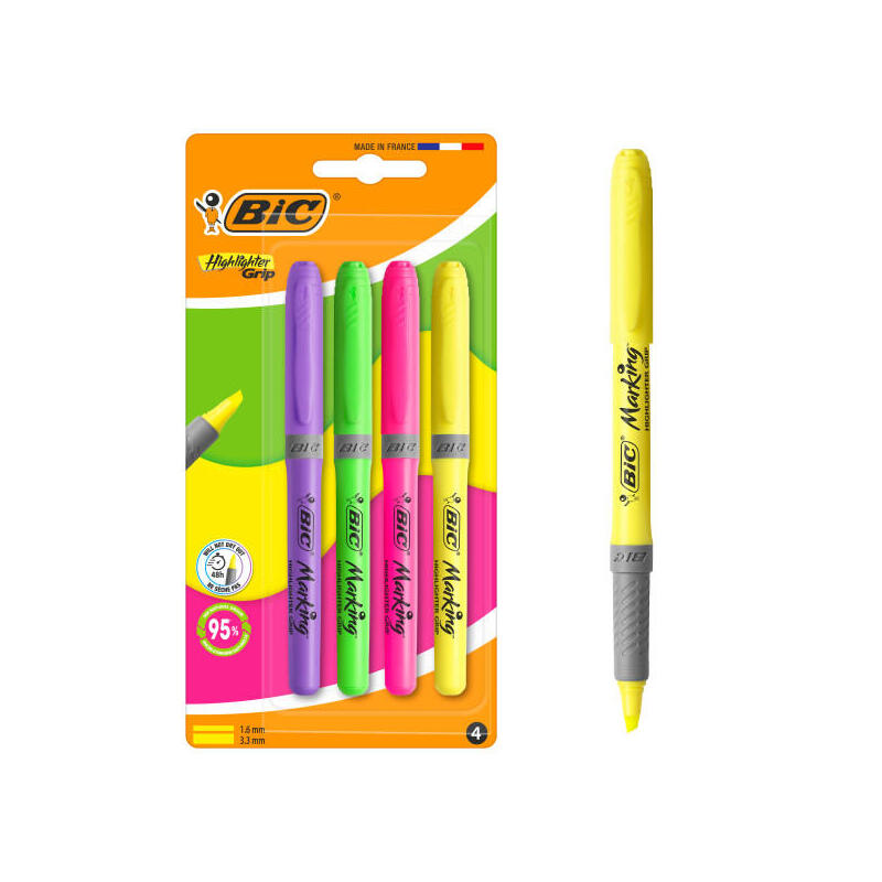 Bic Highlighter Grip Pack With 4 Marcadores Fluorescentes - Punta Biselada - Trazo Entre 1.60 And 3.30MM - Gri