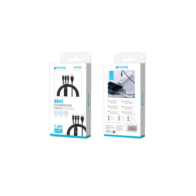 USB Cable Type a Micro USB a, USB C And Lightning - 3,4A 1,2M Black