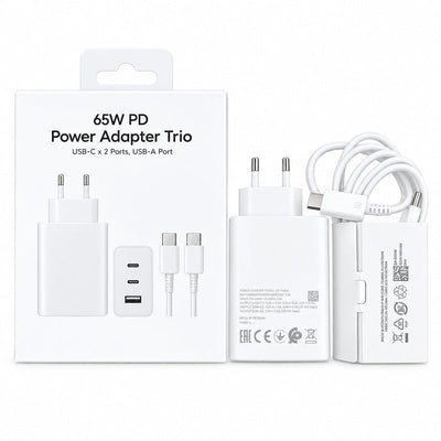 Fast Charger 65W PD 3 Ports - 2 USB-C + 1 USB-A - With USB Cable -c - White — image 1