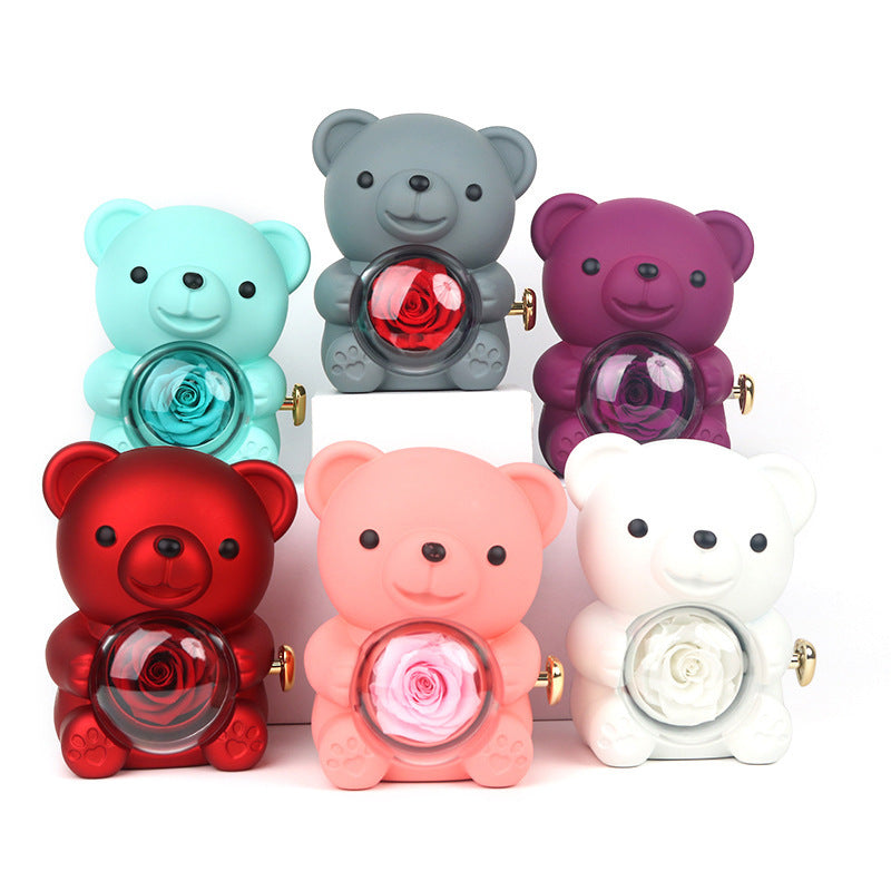 Rotating Bear Gift Box Eternal Rose Teddy Bear Jewelry Box With Necklace Valentine Wedding Special Present For Girlfriend Anniversary Gift Jewelry Box