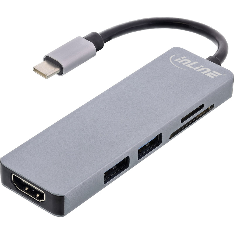 Inline Hub USB 3.2 GEN.1, 2x USB-A 5Gbps + HDMI 4K/30HZ + Card Reader, Aluminium Grey