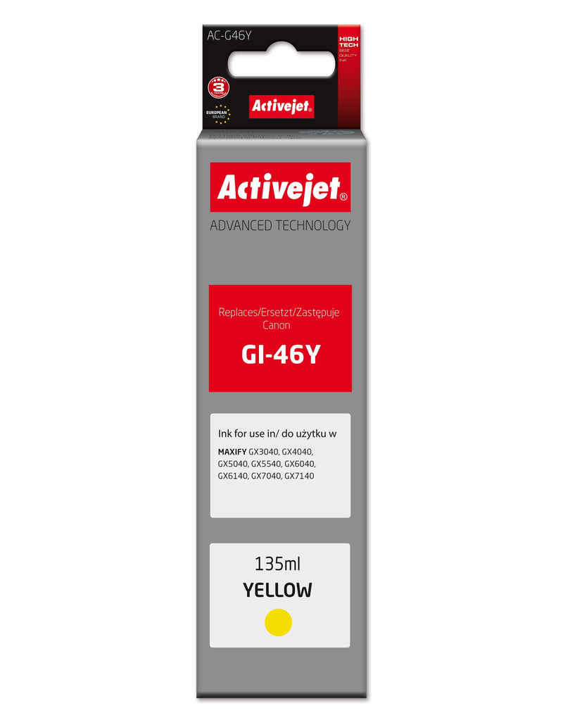 Activejet AC-G46Y Bottle Ink Printer Canon, Equivalente a Canon GI-46Y, Supreme, 135ML, Yellow