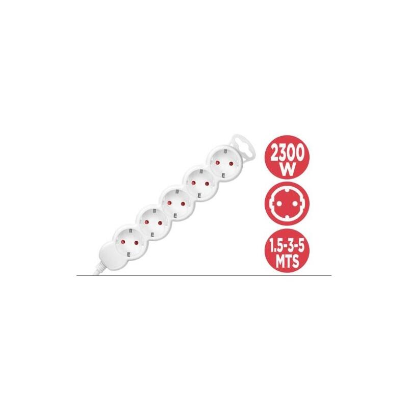 Phasak Power Strip 5 Sockets Schuko Without Switch White Cable 1,5 Metres