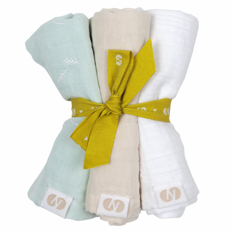BURRY Muslin Burp Cloths, Set of 3 – Mint print/ beige/ white
